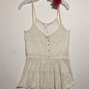 BP Nordstrom lace peplum top spaghetti straps 1/2 button cream Sm EUC